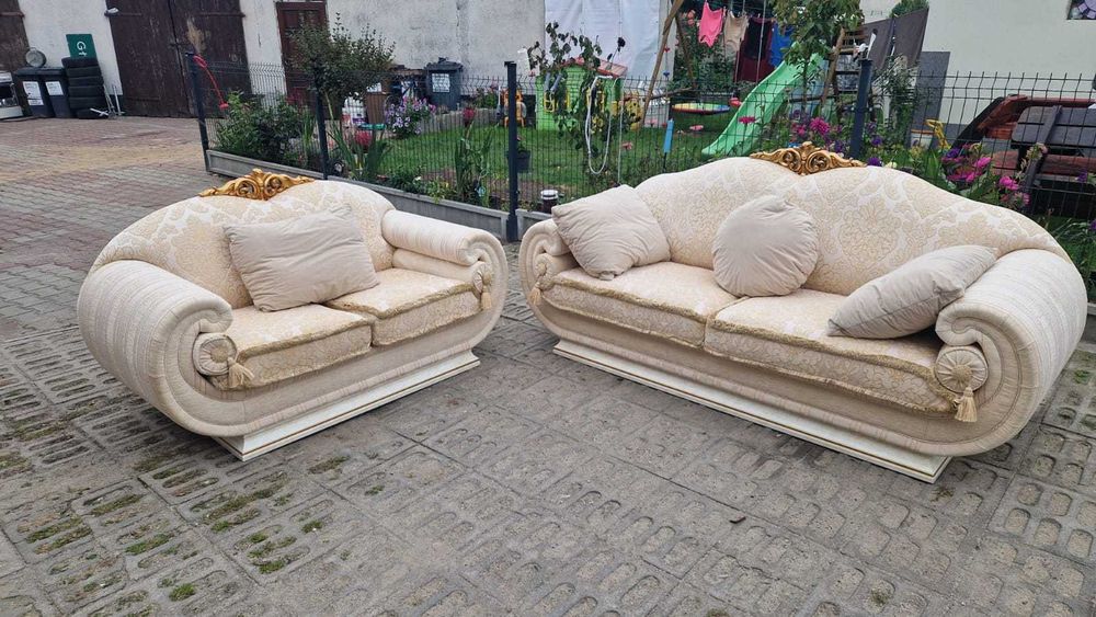 Sofa włoska 3+2 Chesterfield Antyczna Funkcja spania złota zestaw