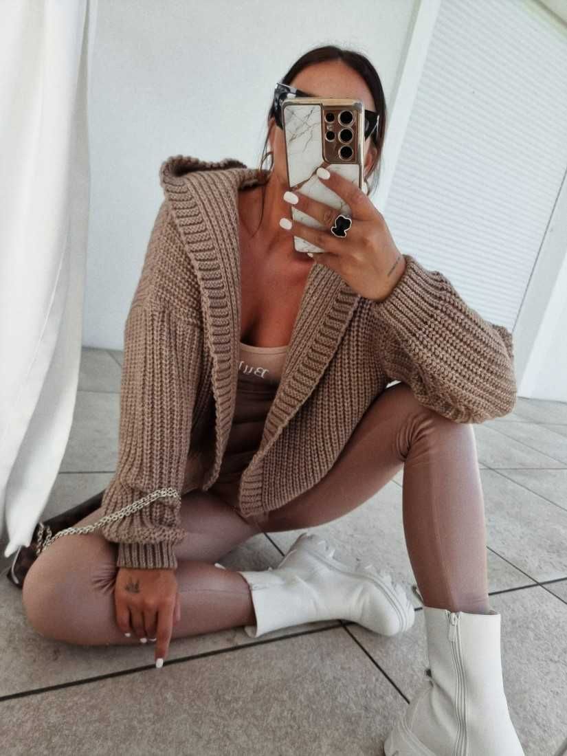 Krótki kardigan sweter z kapturem brązowy oversize S M L