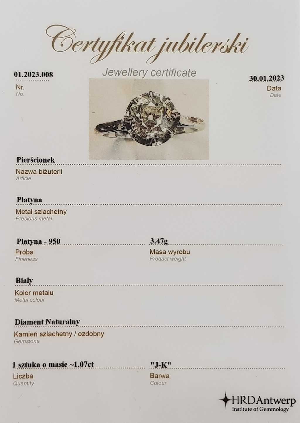 Platynowy pierścionek zdobiony brylantem 1,07 ct