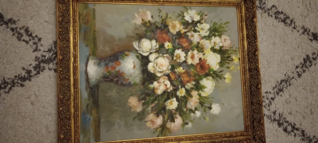 Piękny stary obraz kwiaty w wazonie sygnowany