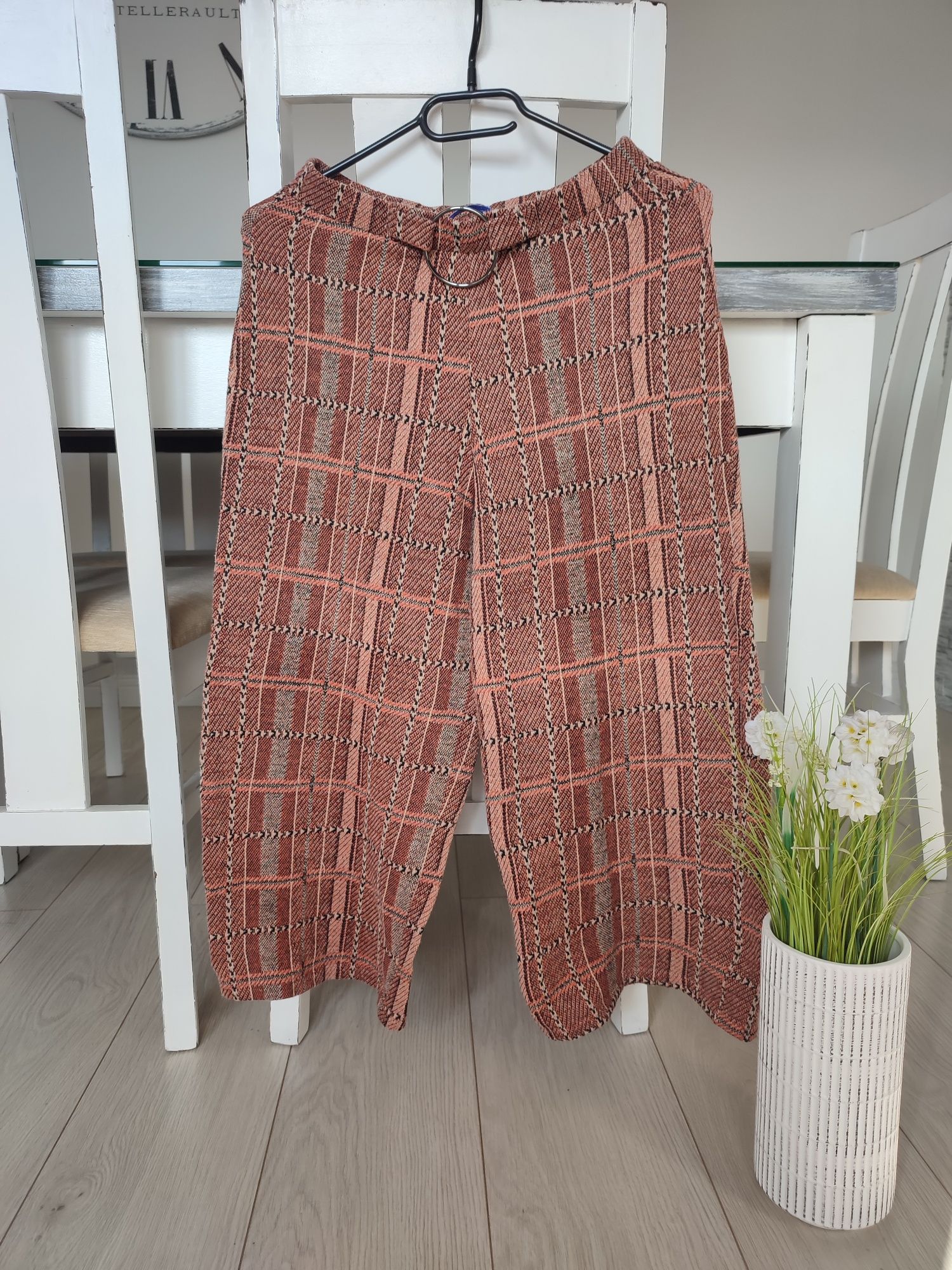ZARA Spodnie Culotte w Kratę z Ozdobną Klamrą Rozmiar S 36