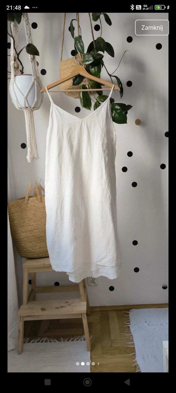 M/L/xl biała kremowa lniana krótka sukienka ramiączka mini midi luźna