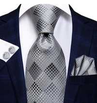 Zestaw Krawat poszetka spinki srebrny szary