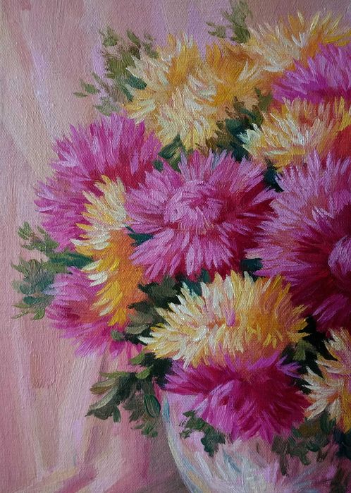 "Астры в хрустальной вазе",картина маслом