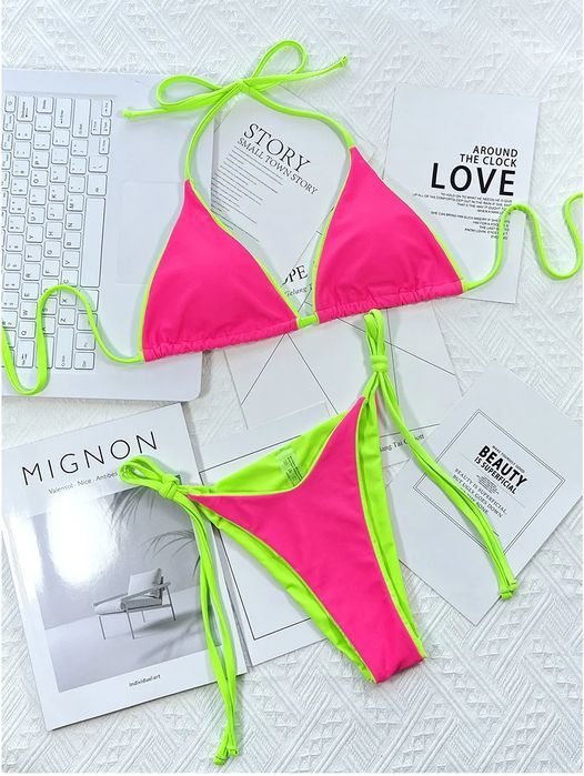 Strój Kąpielowy BIKINI Stringi SEXY Dwuczęściowy Neon Wiązane - L