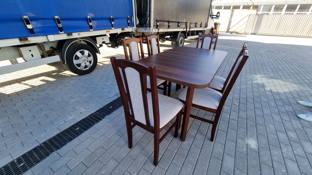 Nowe: Stół 80x140/180 + 6 krzeseł, orzech + kawa z mlekiem, dostawa PL