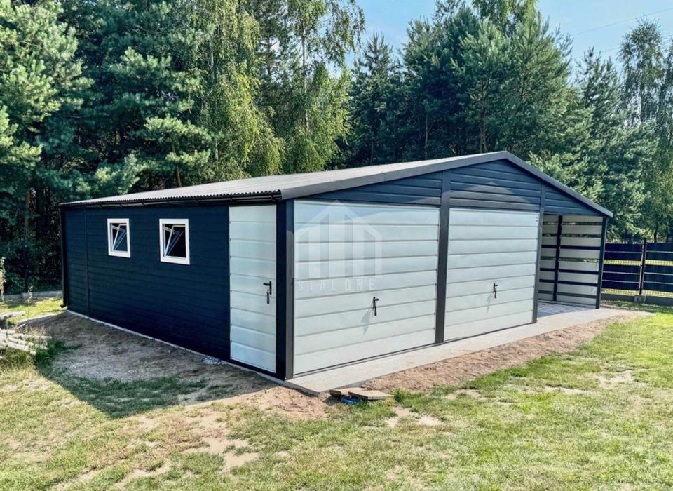 Garaż blaszany  6x6m + wiata 3m - brama drzwi okno rynny SO105
