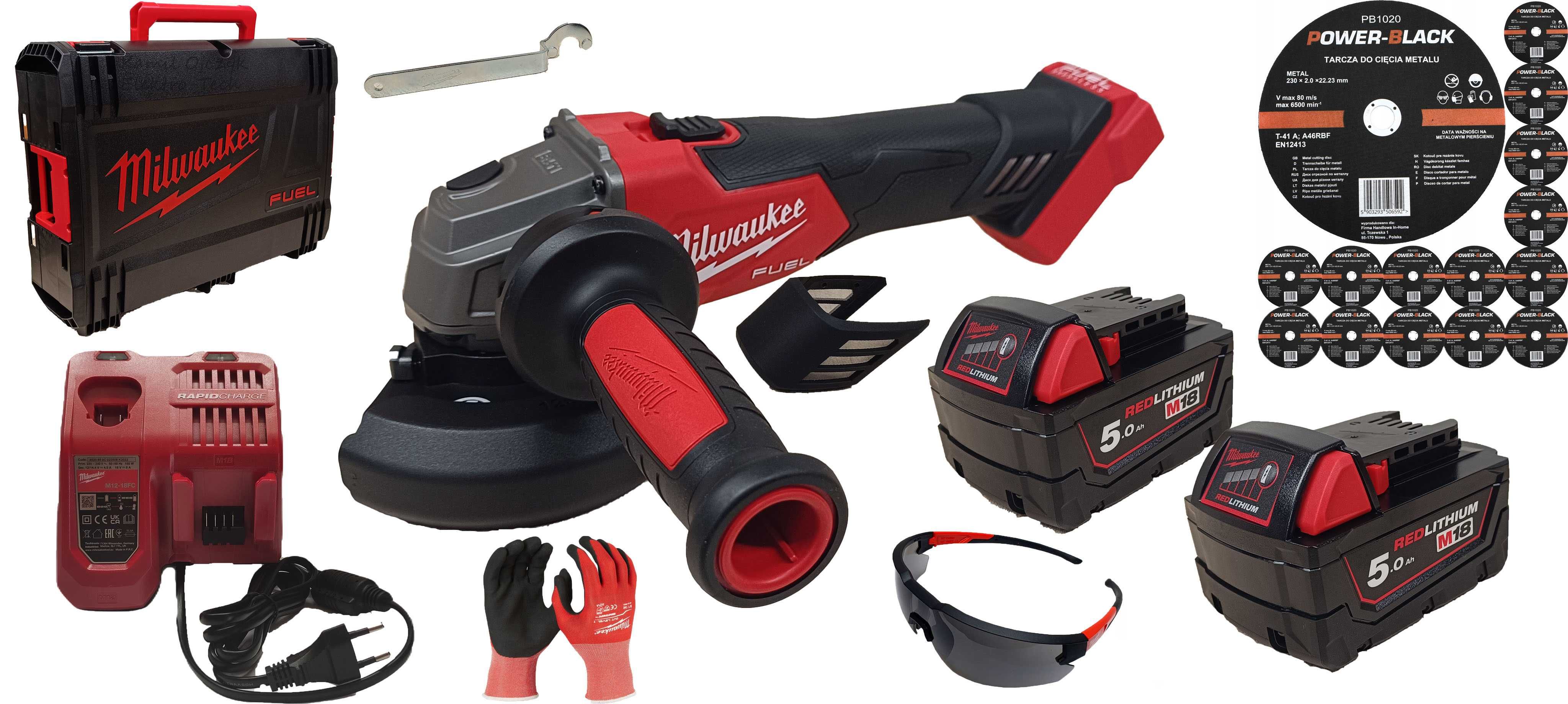 Szlifierka Milwaukee 125mm 2x5 ah + ładowarka m18 Mocna FUEL