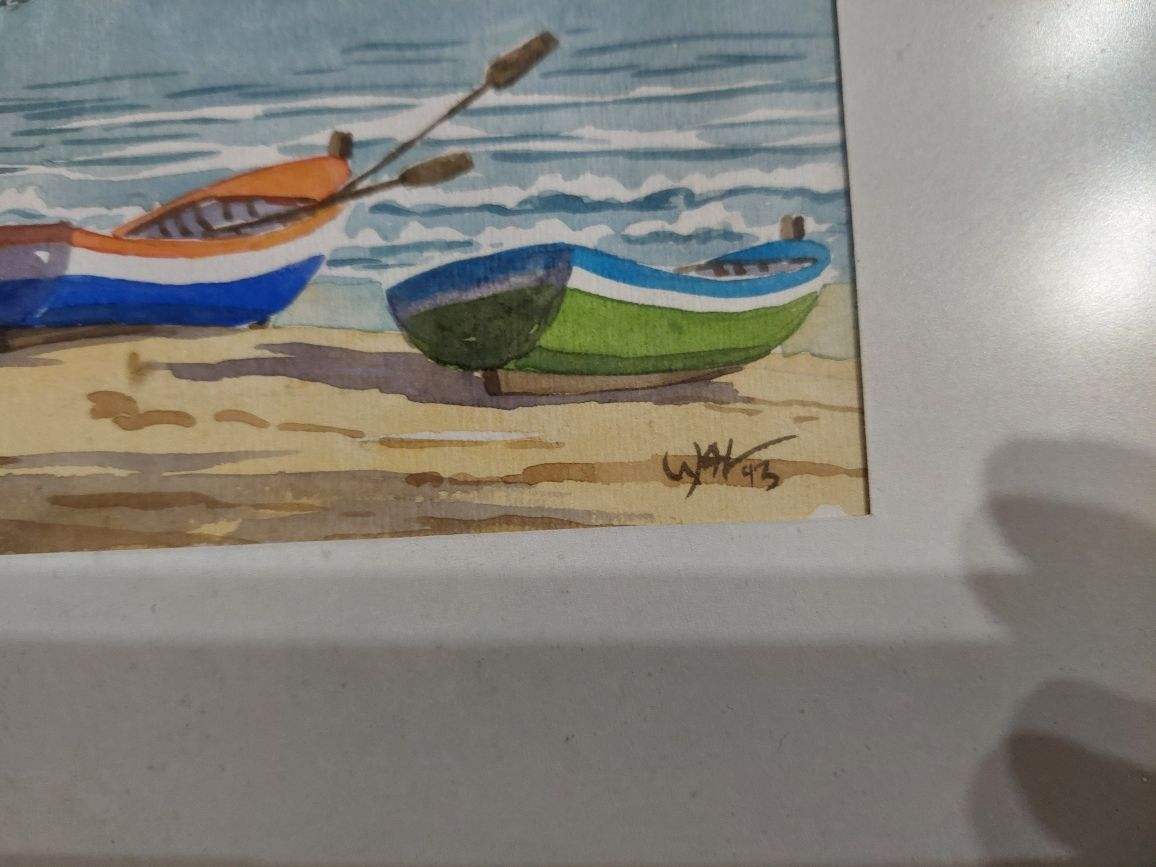 Aguarela barcos com moldura assinada pintura  quadro
