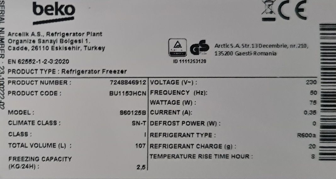 Lodówka podblatowa do zabudowy BEKO bu1153hcn