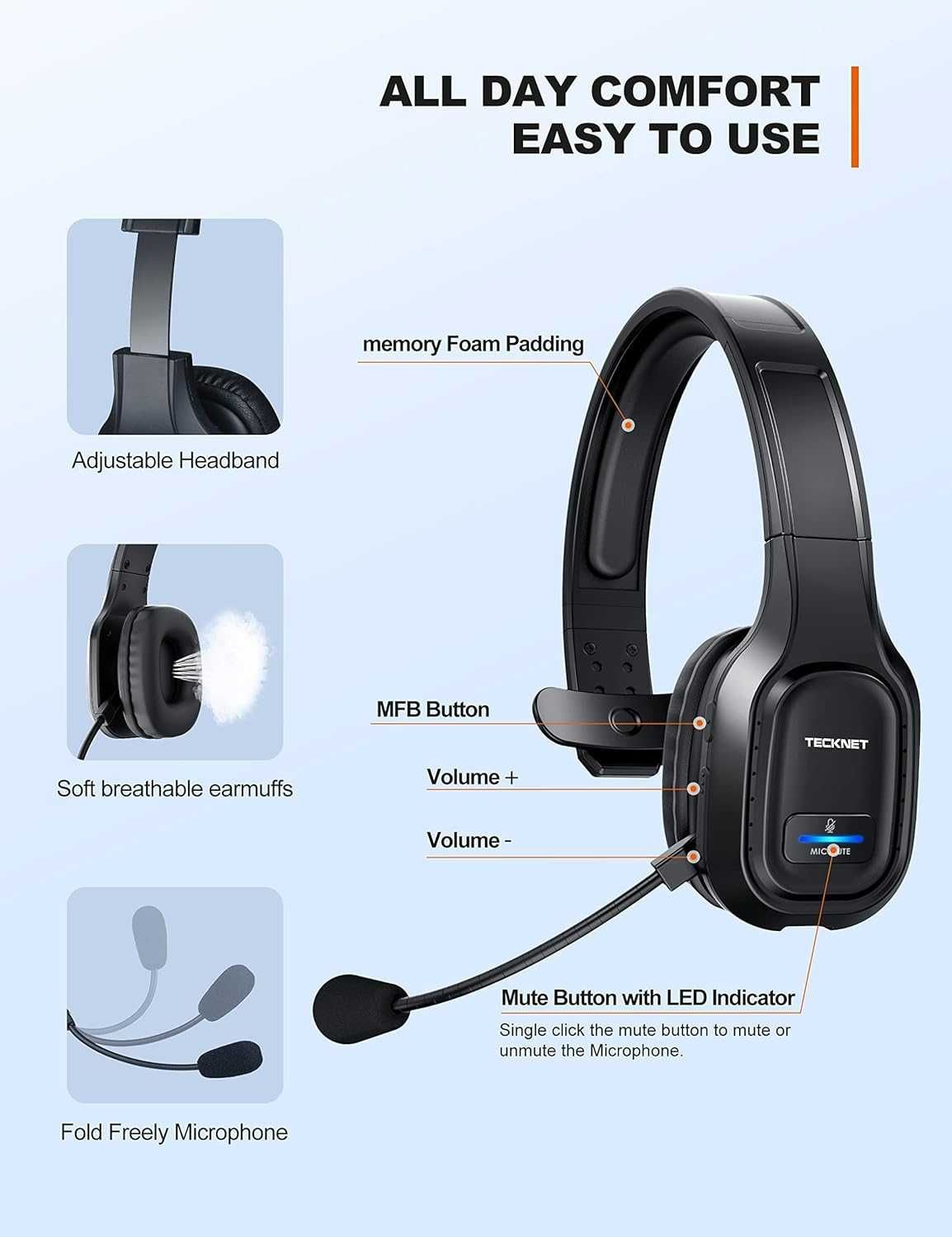 Bezprzewodowy zestaw słuchawkowy Bluetooth TECKNET tk-hs001 mikrofon