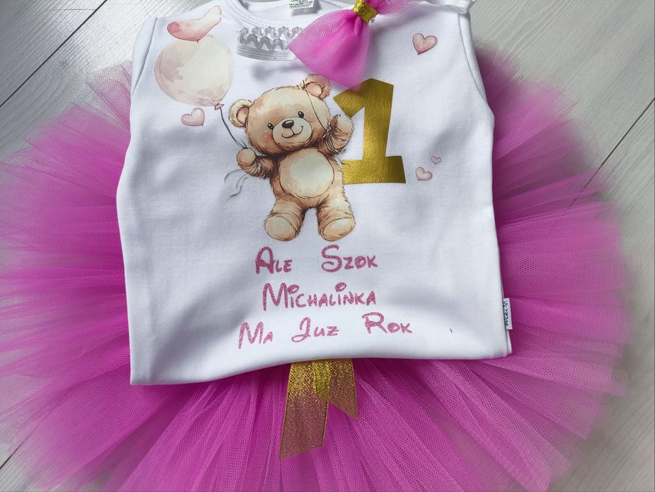 Komplet tiulowy różowy Minnie miś na roczek dziewczynki