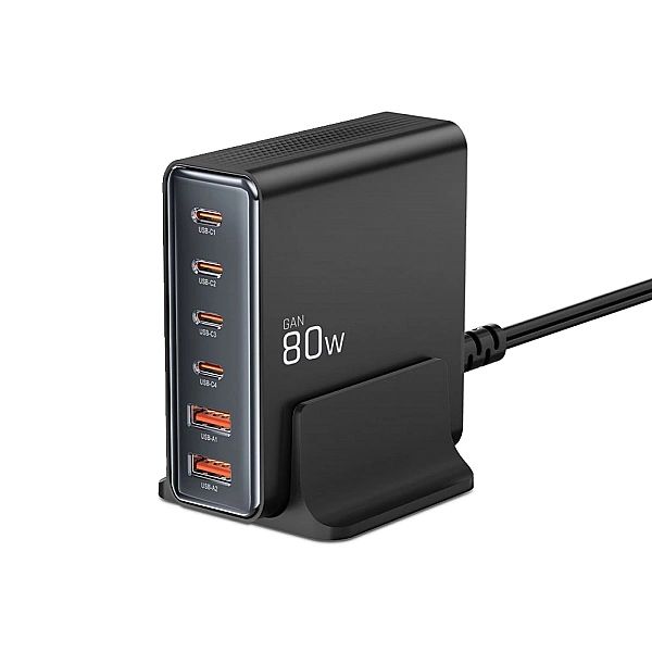 Tech-Protect Dc80W-Gan 6-Port Desktop Charger Pd80W/Qc3.0 Black