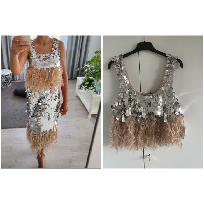 Asos luxe cekinowy top  bluzka pióra frędzle  42 xl