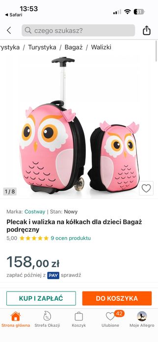 Plecak i walizka na kółkach dla dzieci sowa