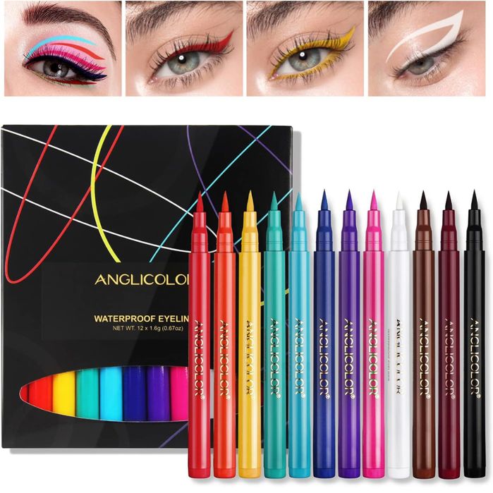 Zestaw 12 kolorowych, wodoodpornych eyelinerów Anglicolor