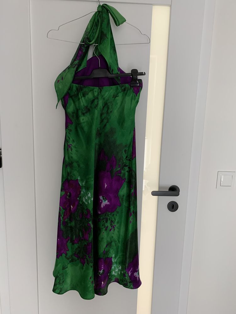 Koktajlowa MIDI sukienka odkryte plecy wiązana na szyi 40 L 42 XL
