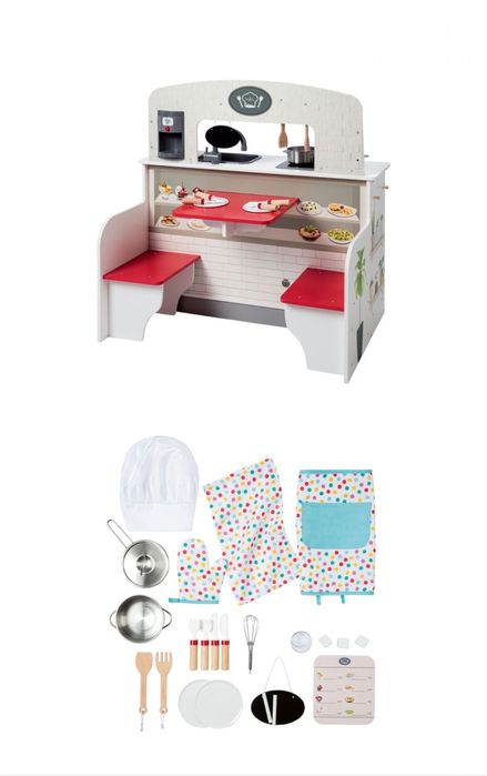 Cozinha de brincar com banco de madeira