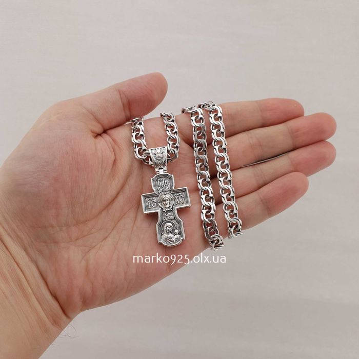 Чоловіча срібна цепочка з хрестиком Спас Нерукотворний і Миколай