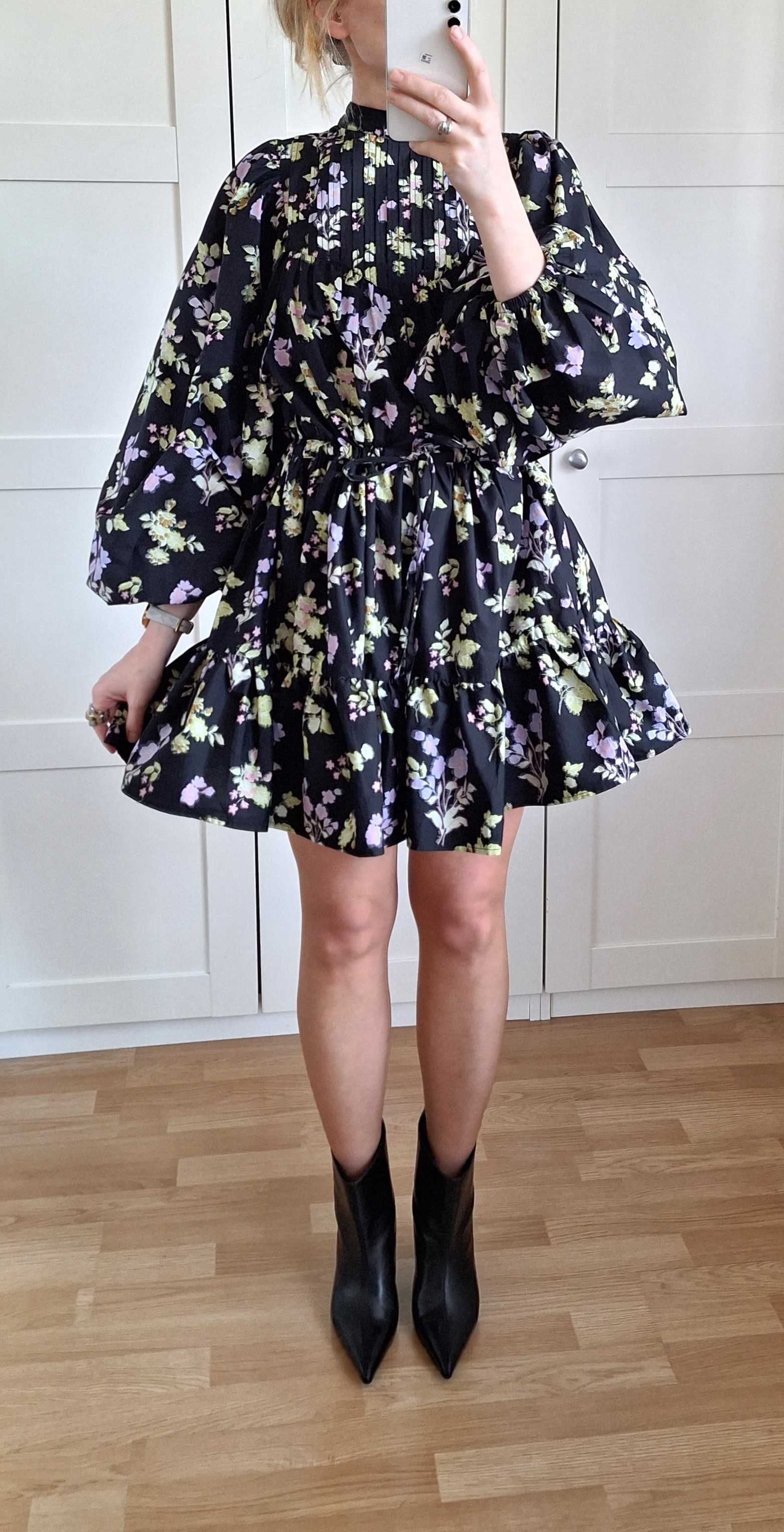Asos Design Nowa Sukienka Mini z Szerokimi Rękawami Stójka Bawełna L