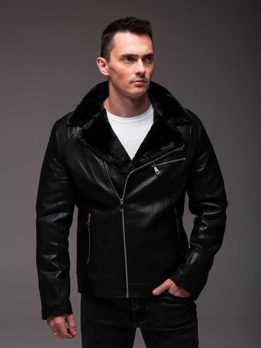 Куртка мужская кожаная зимняя на меху косуха байкерская до -10°С Ra
