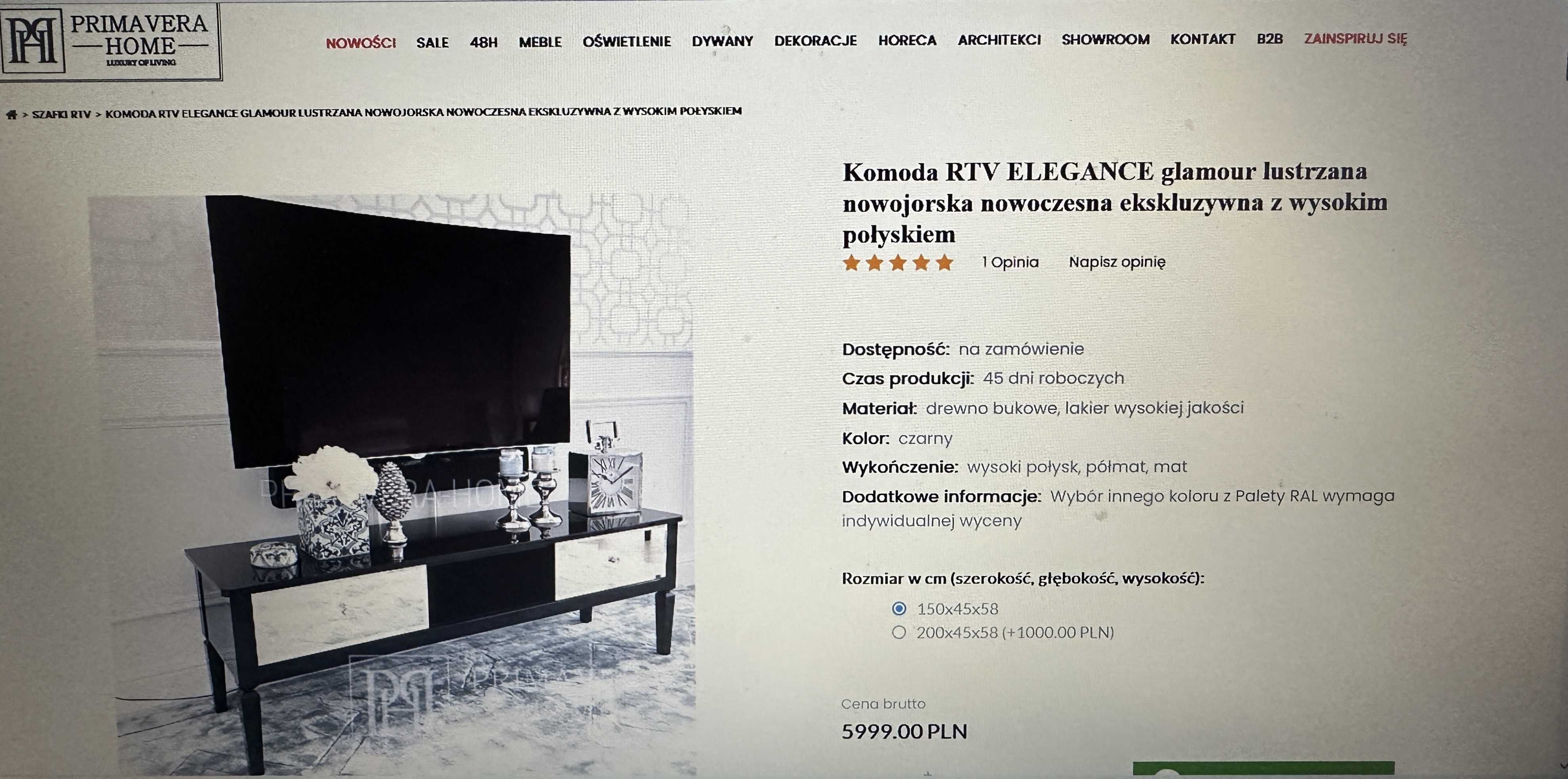 Komoda Stolik RTV ELEGANCE glamour lustrzana nowojorska Primavera Home