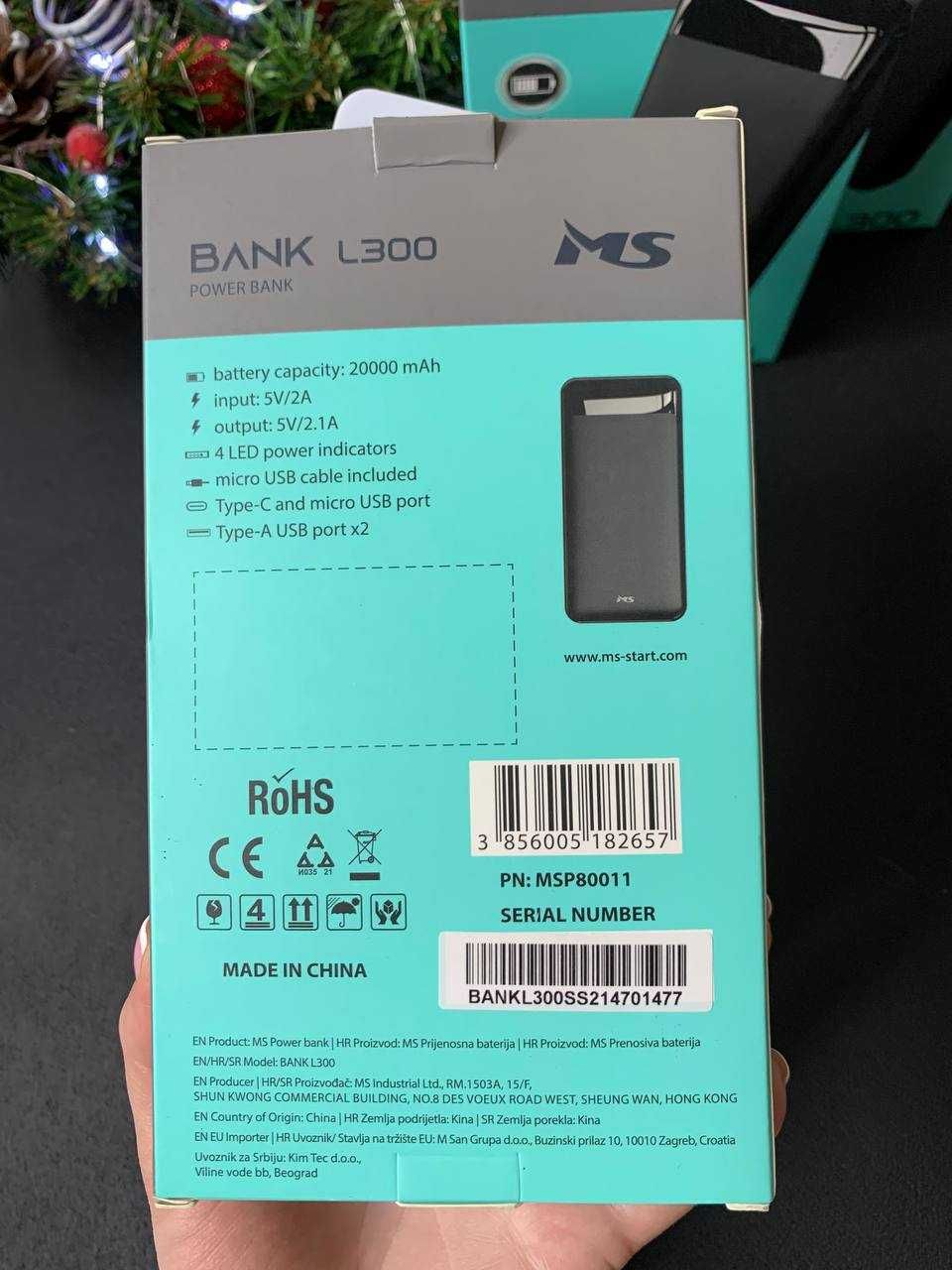 MS BANK L300 20000mAh 
Power Bank 5V 2A micro USB+TYPE-C Black