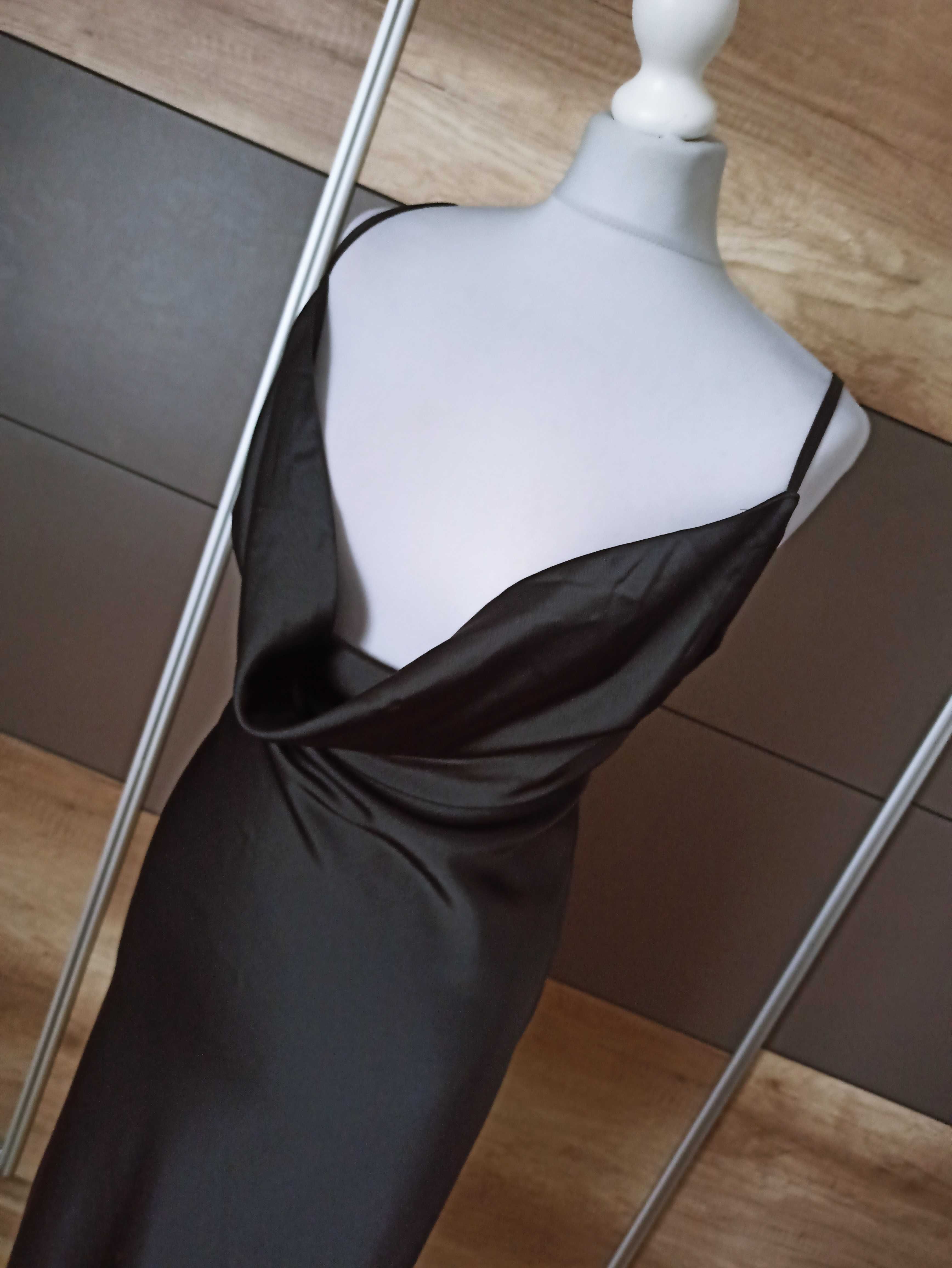 Czarna satynowa sukienka z wiązaniem r. 42