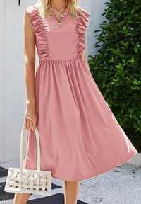 Nowa elegancka sukienka różowa długa z falbankami 34/36 xs s zwiewna