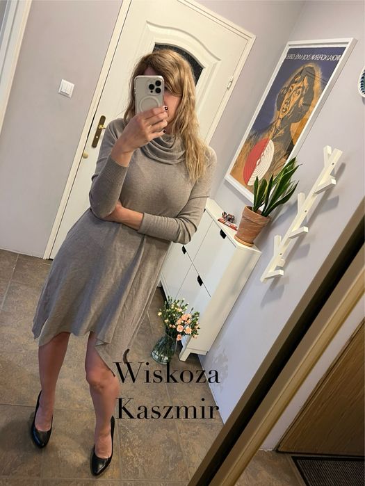 Wiskoza kaszmit sukienka tunika golf uniwersalna beżowa