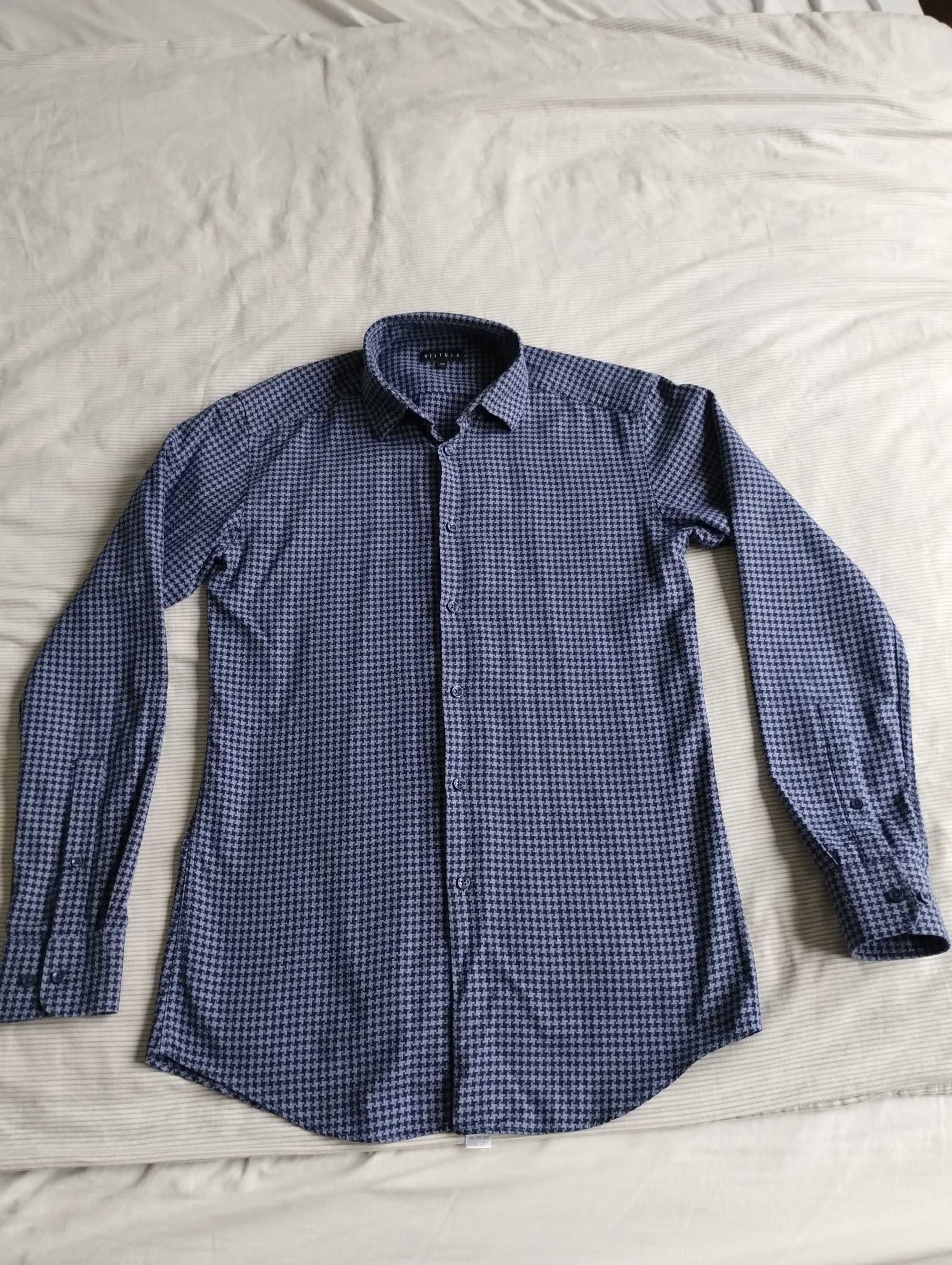 Koszula Vistula w kratę z kołnierzem kryte button-down szaro-granatowa