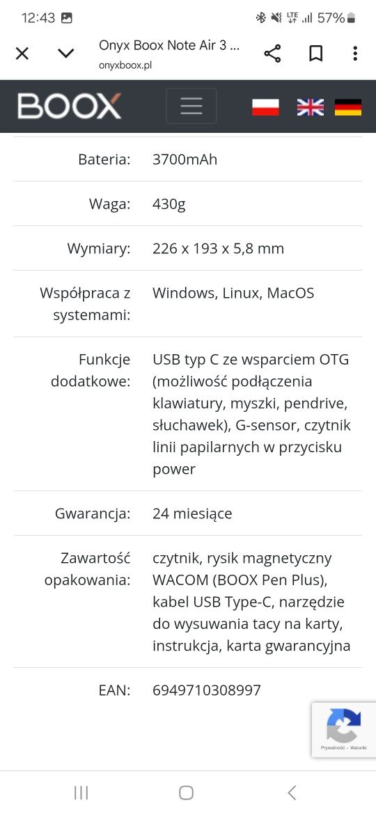Onyx BOOX Air 3C notatnik elektroniczny, czytnik e-booków