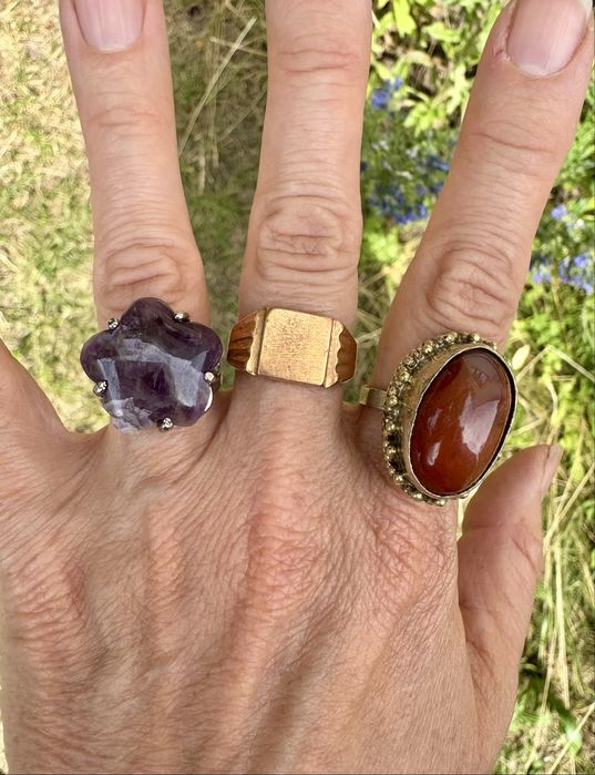 Stare pierścionki z bursztynem nie Srebro z PRL vintage unikat bizu