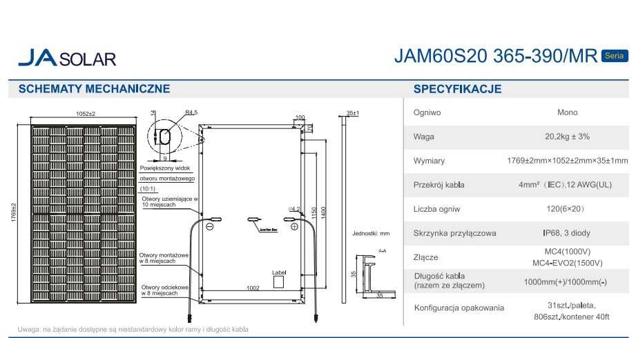 Moduły fotowoltaiczne panele fotowoltaiczne JA SOLAR JAM60s20 380Wp