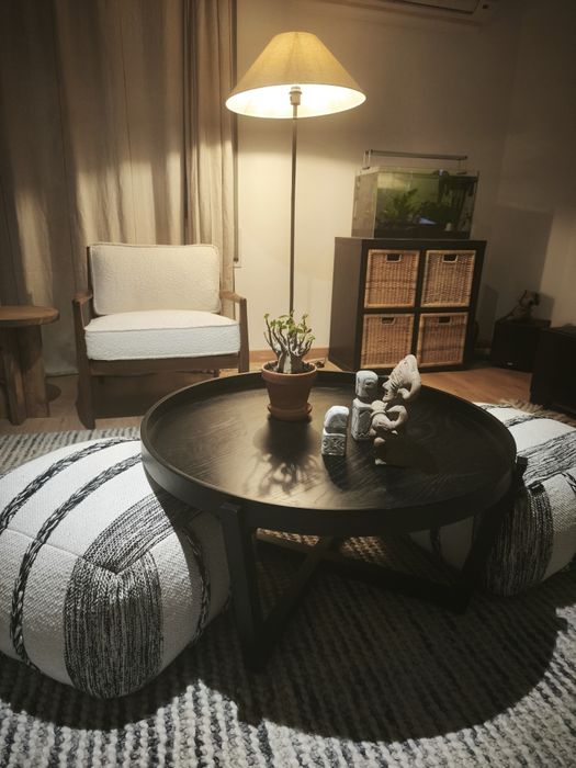 Mesa de centro madeira, cor preta, 80 cm de diâmetro, 40 cm altura