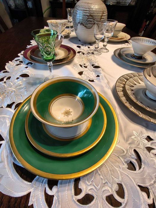 Trio kawowe Bavaria – Johann Seltmann – zielone ze złotem (lata 40–50)