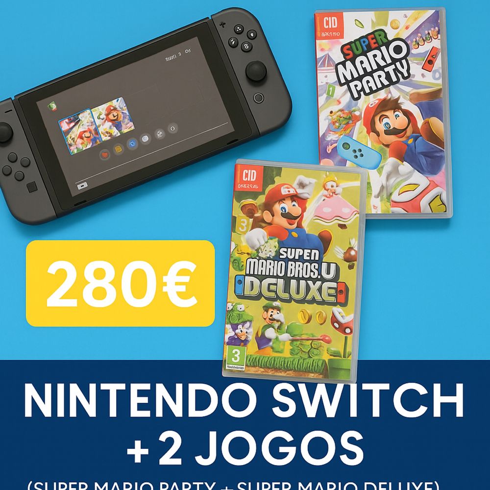 Nintendo Switch + 2 Jogos (Super Mario Party + Super Mario Deluxe)