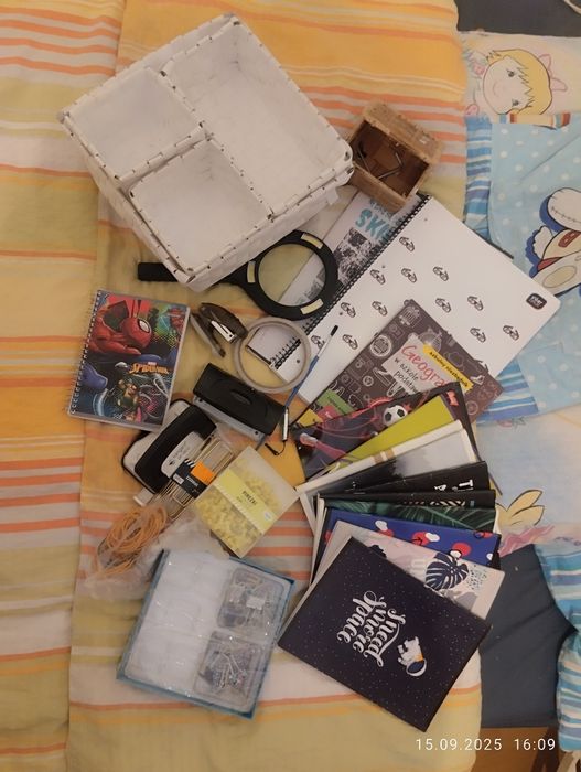 Zestaw organizery, zeszyty, lupa szkolne