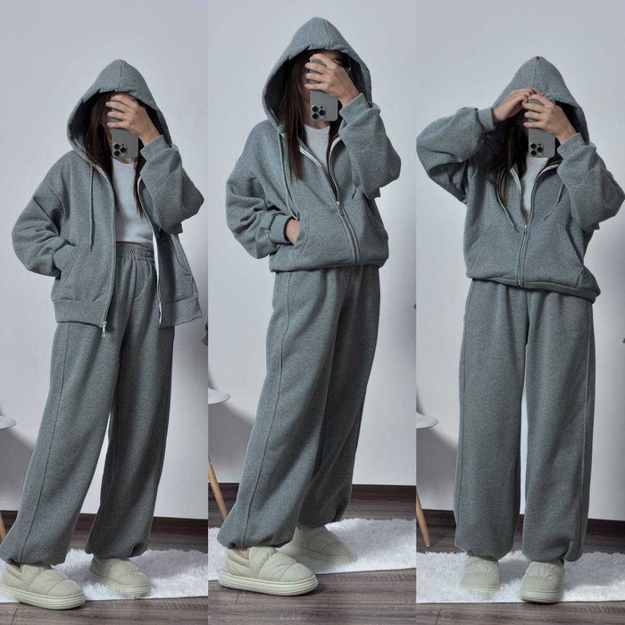 Жіночий спортивний оверсайз теплий костюм зіп кофта і штани НА ФЛІСІ