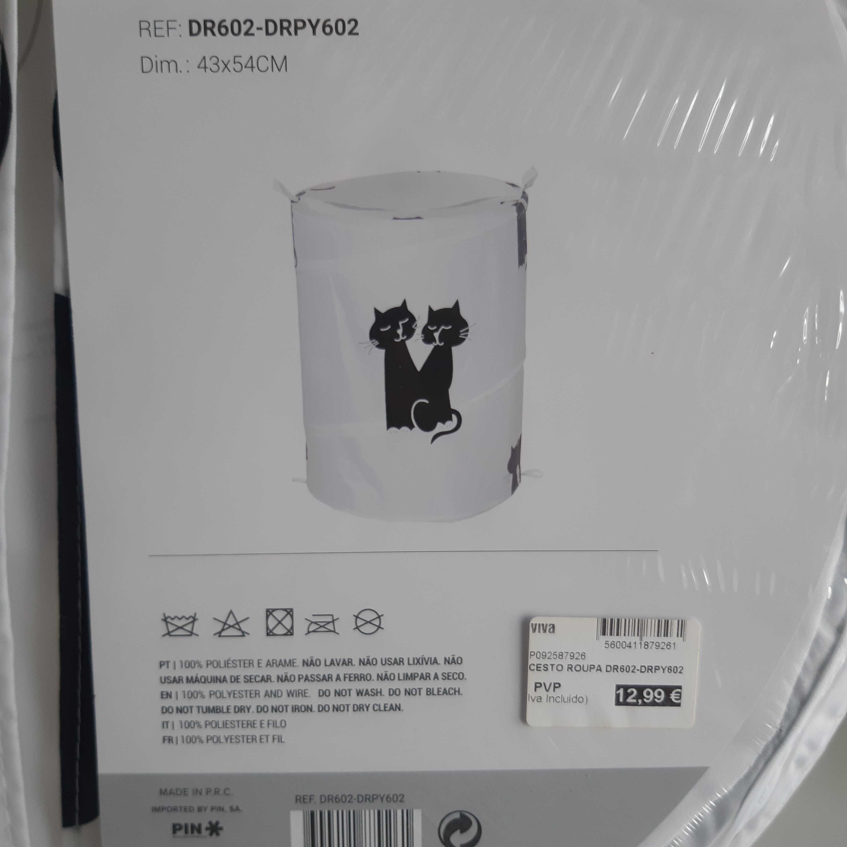 Cesto p/ Roupa Cilíndrico Novo 43x54cm Branco Gatos Pretos