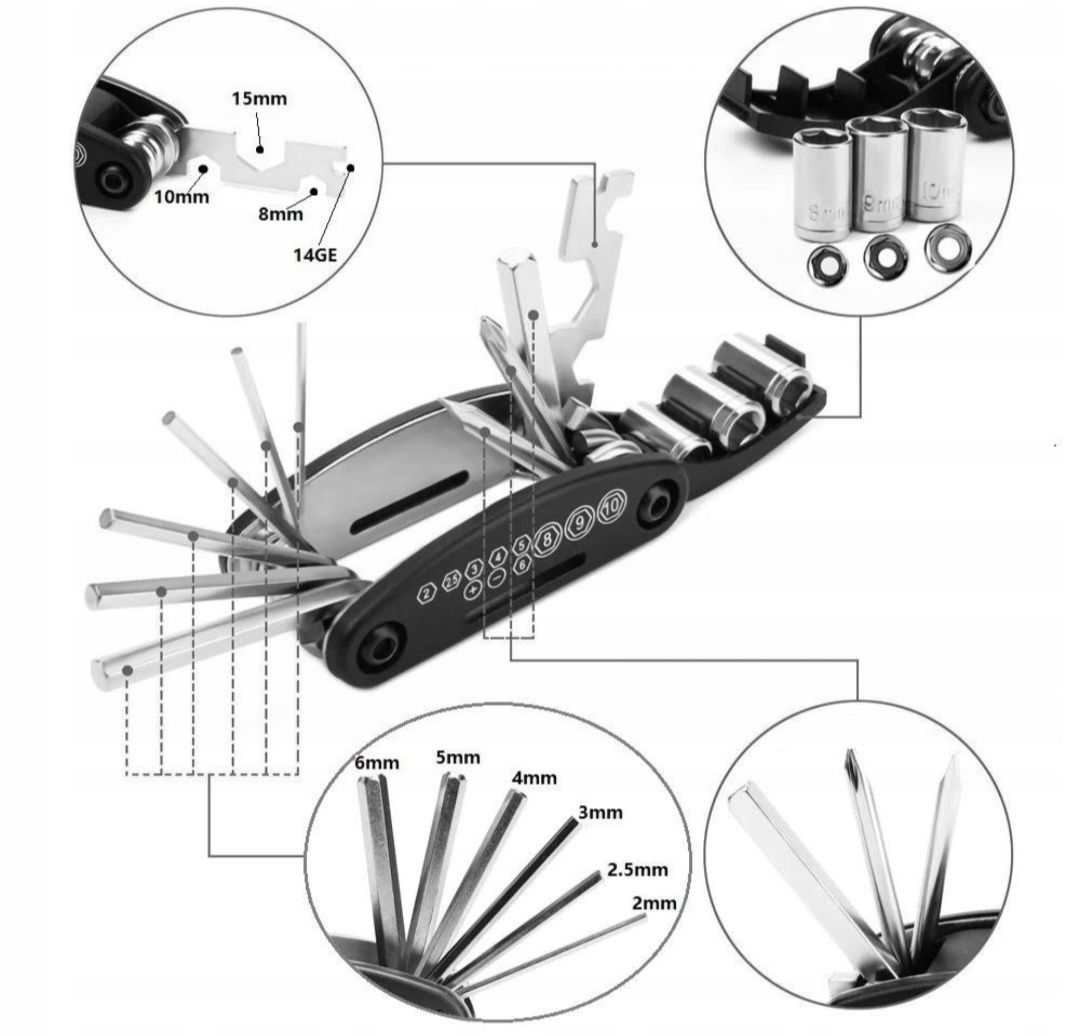 Multitool rowerowy śrubokręt imbusy klucze nasadowe do szprych