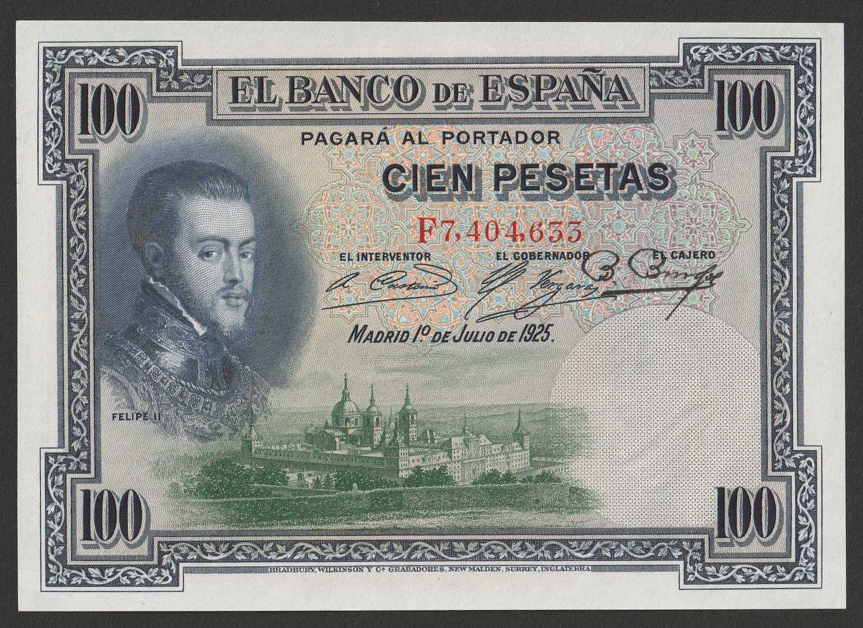 Hiszpania 100 peset 1925 - Filip II  - stan bankowy UNC