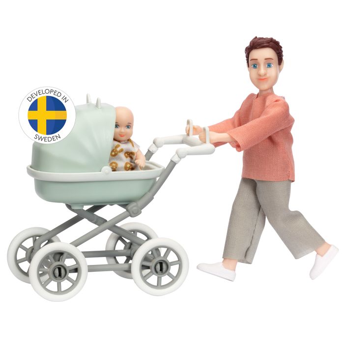 Lalka tata mężczyzna z dzieckiem i wózkiem zestaw, akcesoria Lundby