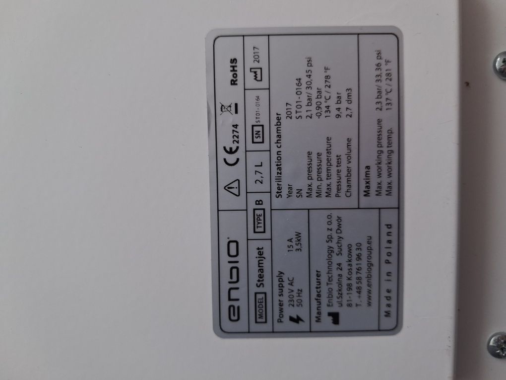 Autoklaw ENBIO S biały  2,7L kl.B