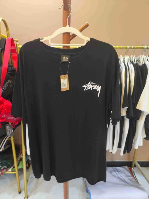 Stussy，Męska czarna koszulka z nadrukiem letnim, rozmiar L