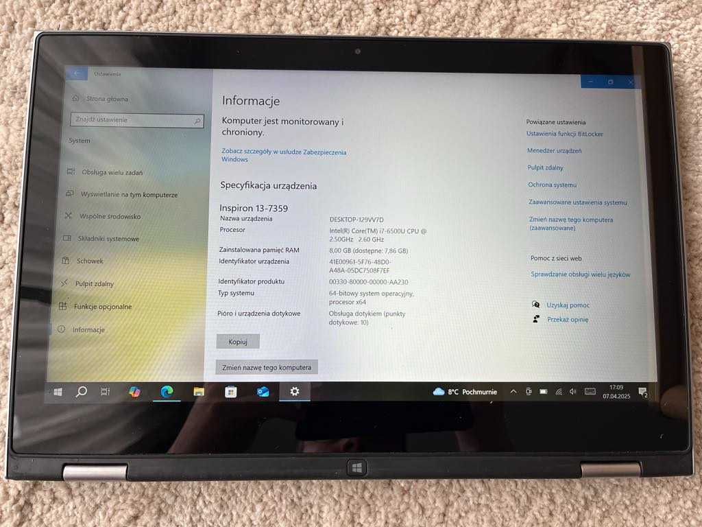 Notebook/Laptop Dotykowy Dell Inspiron 7359  I7/8GB/256/Win10Pro