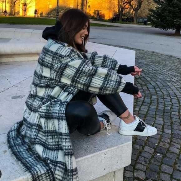 Płaszcz Zara wełna wełniany oversize krata kratka rozm L NOWY