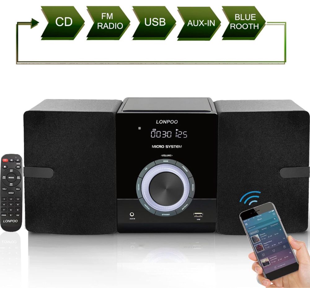 Lonpoo Micro HiFi z odtwarzaczem CD, Bluetooth, radiem FM, USB,
