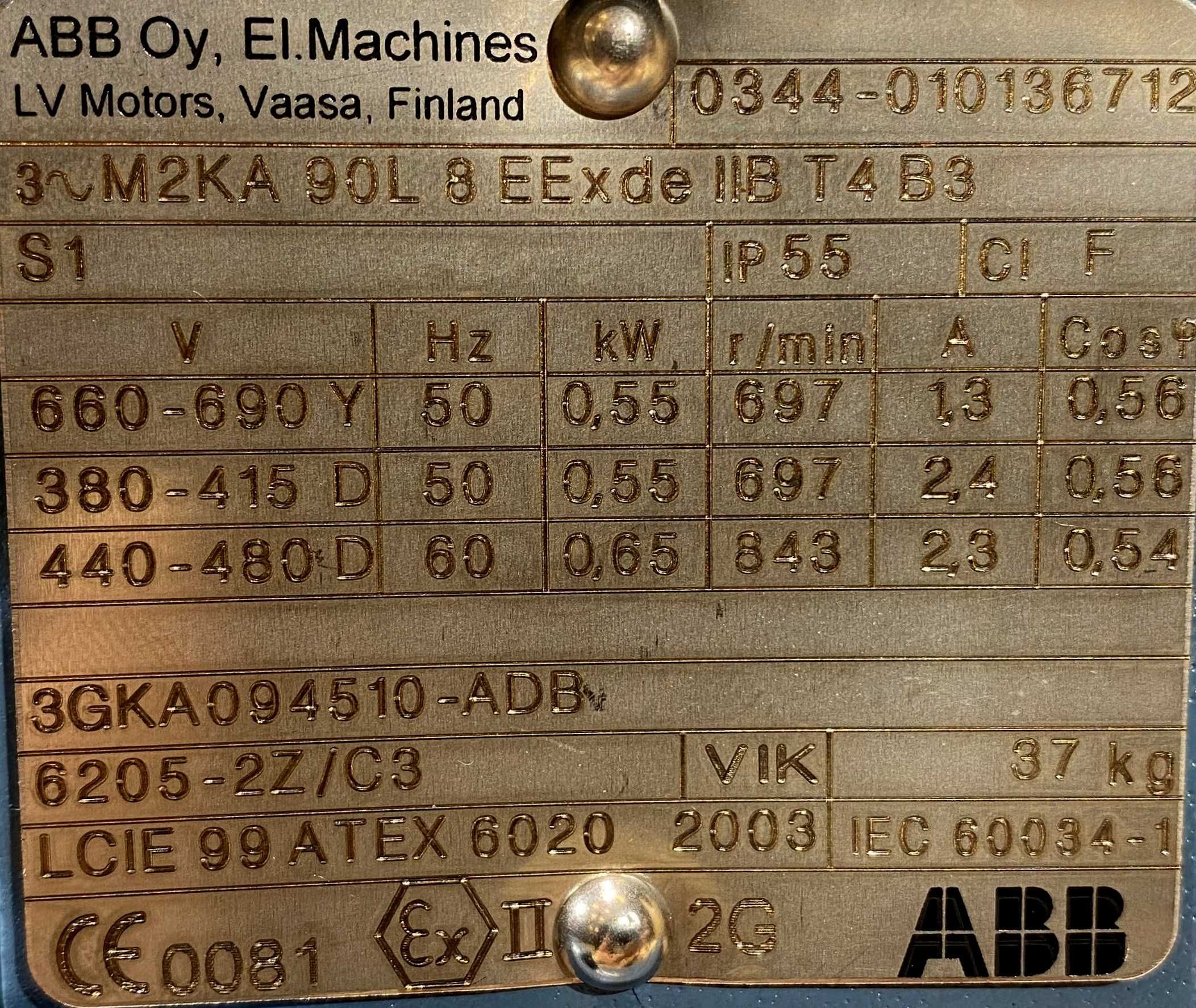 silnik elektryczny 0,55kW 697obr. 3fazowy ABB Ex