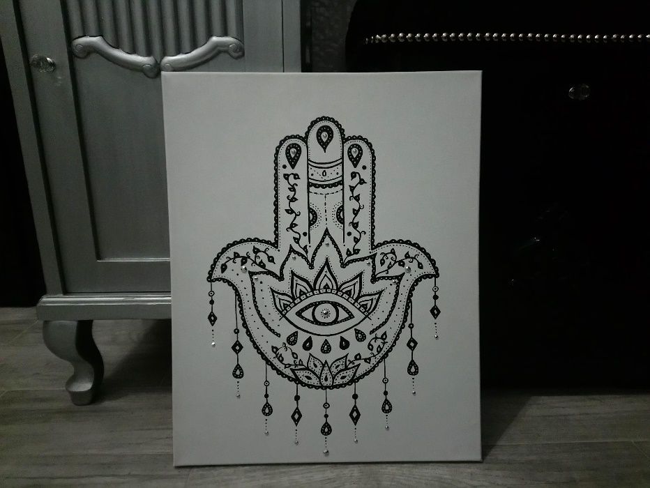 Nowy duży obraz 50x40 cm hamsa Hand ręcznie malowany